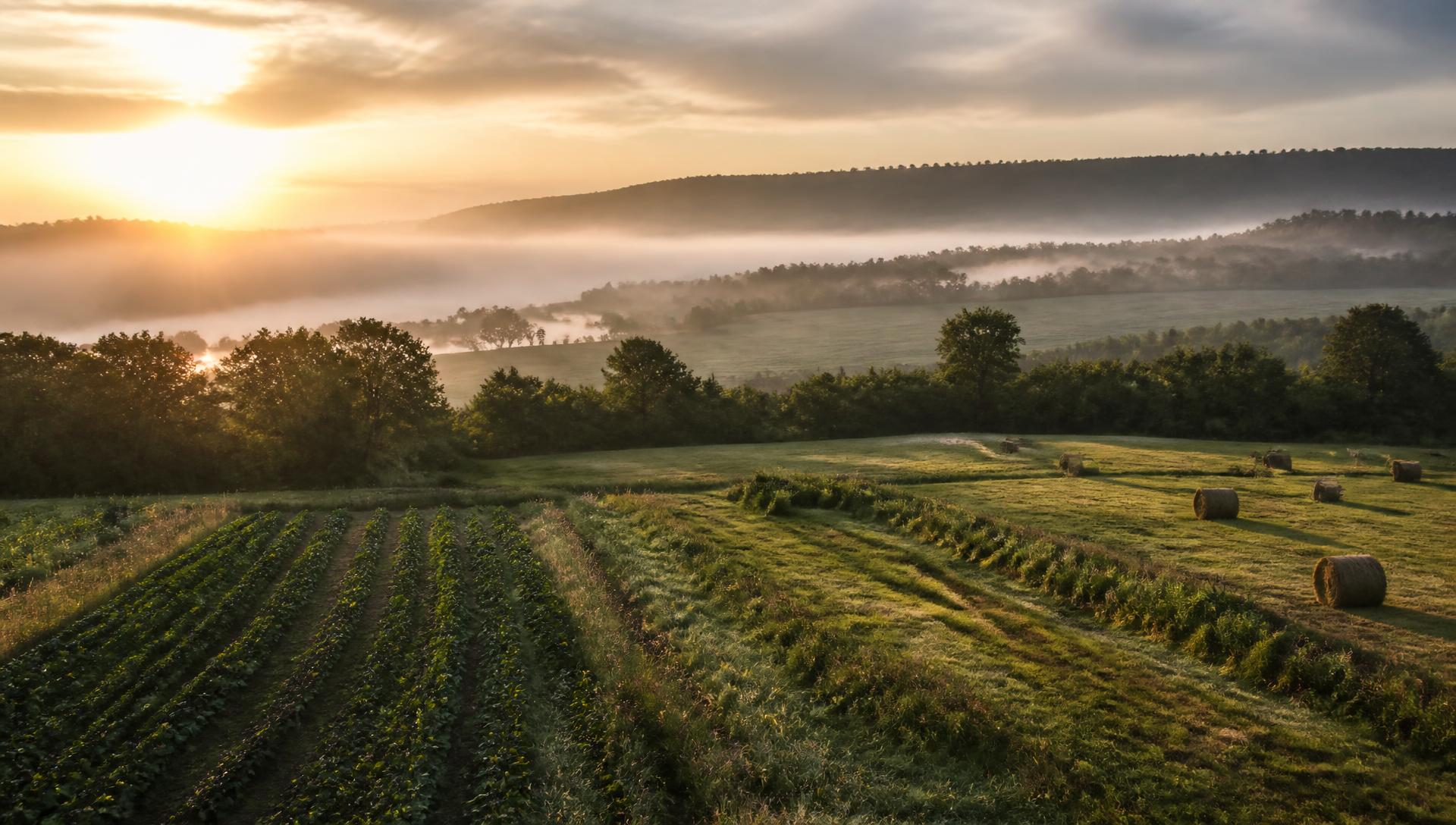 Morning mist over farm fields in the Annapolis Valley at sunrise